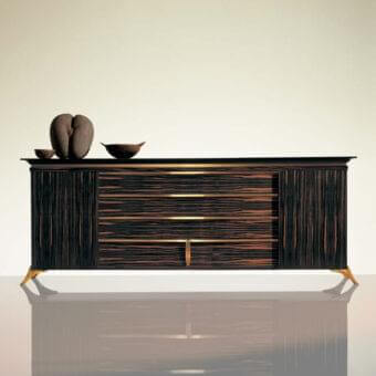 Distinguished OAK Yuki sideboard with dark ebony finish and bronzed brass fittings crafted in wood with glossy grain