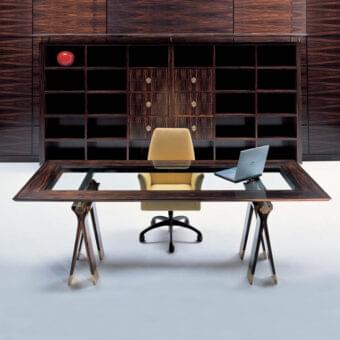 Exclusive OAK Kronos desk with a dark ebony wood frame, crystal glass insert, and bronzed brass accents exhibiting a glossy finish