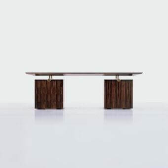 Elegant OAK Kronos desk crafted with smooth ebony finish, visible wood grain and bronzed brass accents