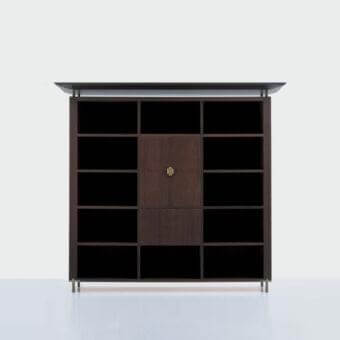 Superior OAK Chefren bookcase crafted in wood with ebony finish, showcasing bronzed brass details and a golden drawer knob