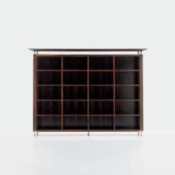 Distinguished OAK Chefren bookcase with rectangular form, bronzed brass details and smooth dark ebony finished wood construction