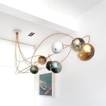 Superior Bocci 28 Copper suspension lamp crafted in natural copper with clear glass exterior spheres and satin finish