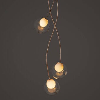 Innovative Bocci 28 Copper suspension lamp crafted in clear glass spheres with natural copper wire and a developing patina