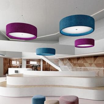 Superior Modo Luce Circus suspension lamp with a teal blue textured textile lampshade and white interior