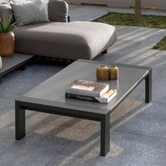 Distinguished Talenti Argo Alu coffee table with dark gray aluminum frame and smooth gray stoneware top