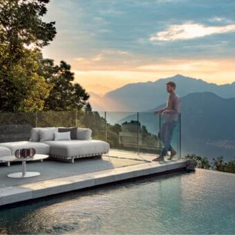 Sophisticated Talenti Argo Alu sectional with light grey textile upholstery and powder-coated aluminum frame for luxurious outdoor relaxation