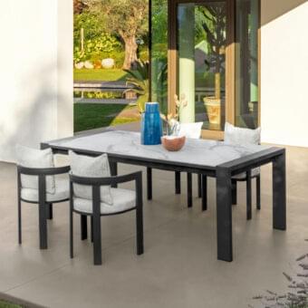 Elegant Talenti Argo Alu table with powder-coated aluminum base and rectangular calacatta porcelain stoneware top