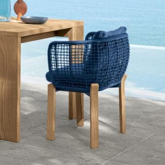 Exceptional Talenti Argo Wood armchair with dark blue nautical rope weaving and elegant accoya wood legs