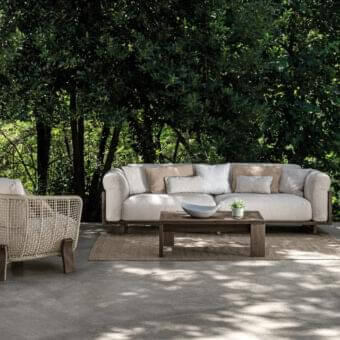 Exceptional Talenti Argo Wood lounge chair with light beige rope weaving and dark-toned wood legs supporting a beige seat cushion