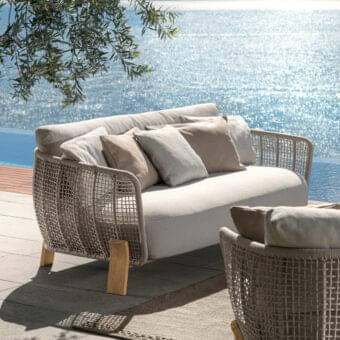 Distinguished Talenti Argo Wood sofa with light beige cushions, woven nautical rope detailing and curved wooden legs