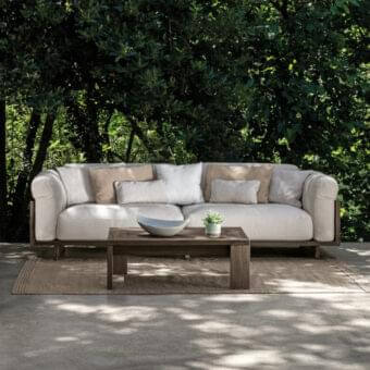 Sophisticated Talenti Argo Wood sofa with light beige weather-resistant fabric and a magically suspended light brown wooden base