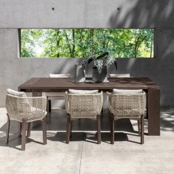 Superior Talenti Argo Wood table crafted from accoya wood with dark brown finish and substantial rectangular slats