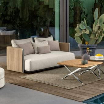 Exceptional Talenti George sofa with light beige cushions and darker tan rope weave built with a silver-toned metal frame