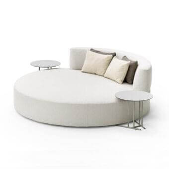 Exceptional Varaschin Belt daybed with textured off-white textile and light beige cushions built with okumè wood