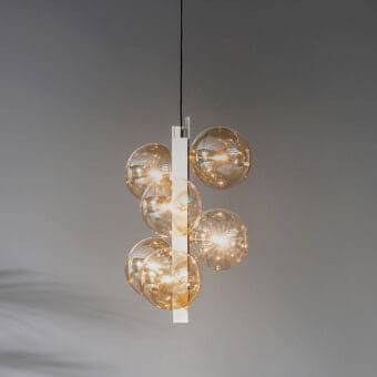 Exceptional Bonaldo Bon Ton suspension lamp with transparent amber glass globes and brushed nickel finish