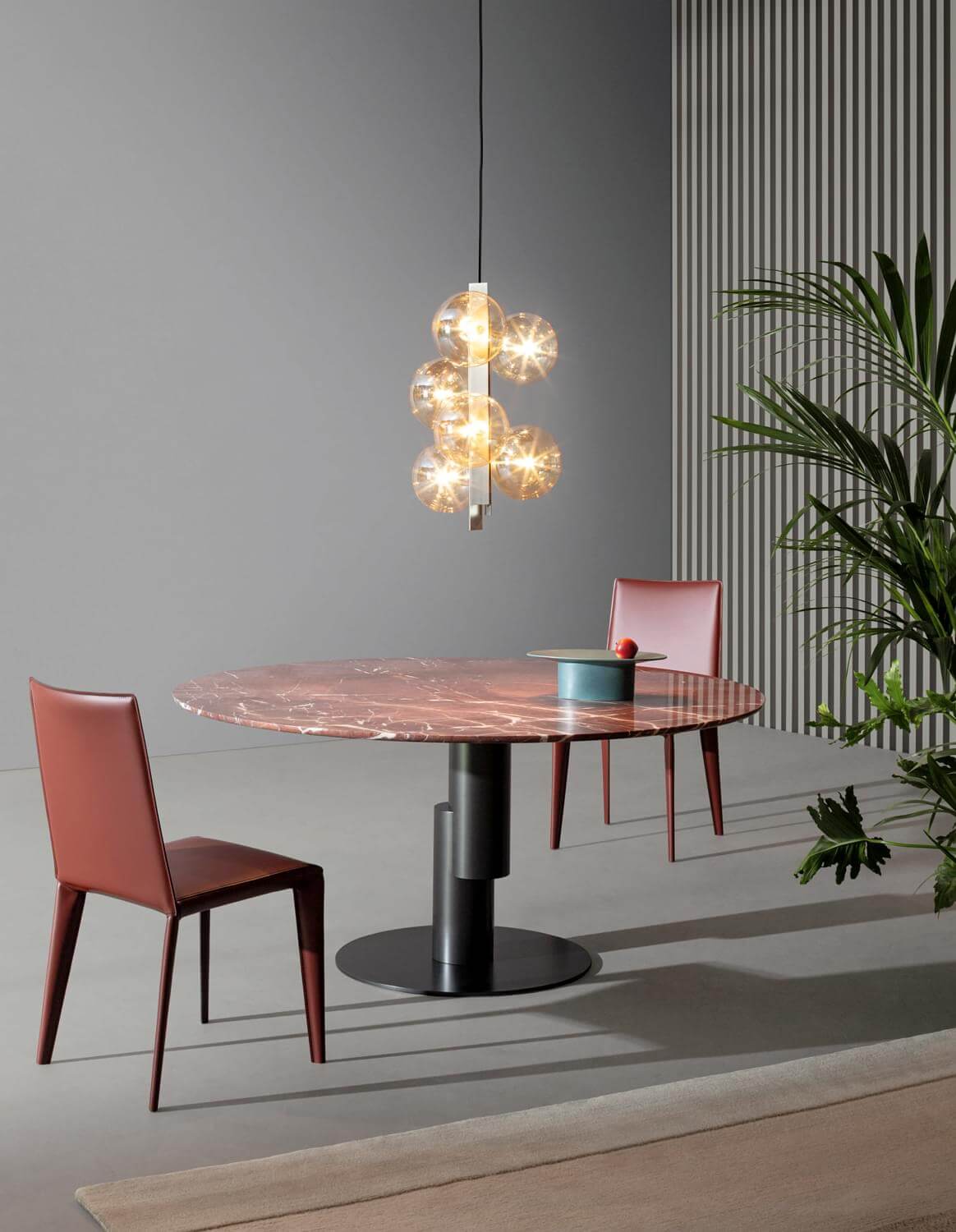 Elegant Bonaldo Bon Ton suspension lamp with seven transparent glass globes and brushed nickel metal support