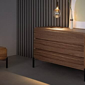 Superior Bonaldo Groove dresser with walnut canaletto veneered wooden modules and sleek metal base in satin finish