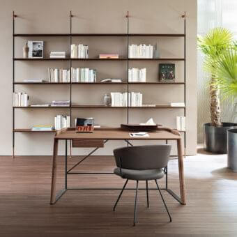 Distinguished Bonaldo Scriba desk with Canaletto walnut wood top, drawer and legs with precious metal details in a matte black base