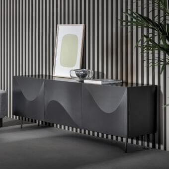 Distinctive Bonaldo Vertigo sideboard with curved doors in lead lacquered wood and polyurethane, built with a lead metal base