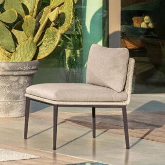 Exceptional Talenti Leaf lounge chair with light grey ribbed weatherproof fabric and dark-toned aluminum structure