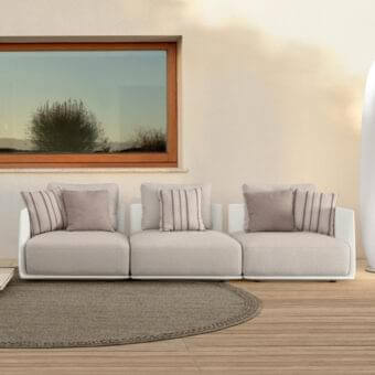 Distinguished Talenti Male sofa with a low polyethylene structure and light beige cushions in a smooth matte finish