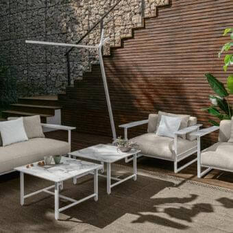 Distinguished Talenti Riviera coffee table with square stoneware top and matte white aluminum base crafted in Italian style