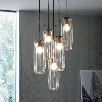 Captivating Bonaldo Bio-S suspension lamp with a black metallic frame and five transparent blown glass lampshades