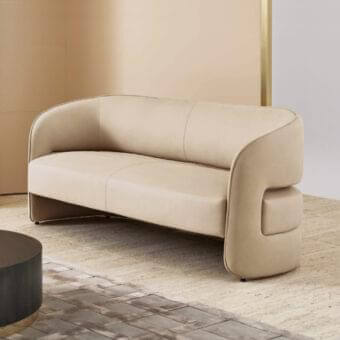 Exceptional Rugiano Ambra sofa upholstered in matte light beige leather with curved lines and a low profile
