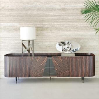 Elegant Rugiano Frak sideboard with ebony structure and curved ends in glossy dark brown finish with brass feet and marble top