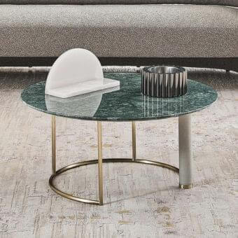 Elegant Rugiano Opale coffee table with green-marbled top and brushed brass base crafted in light-grey leather detailing