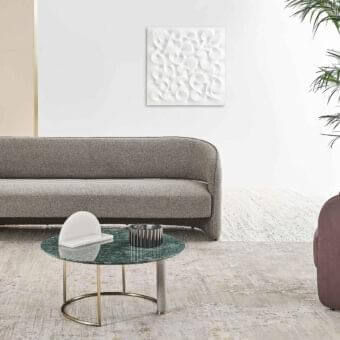 Innovative Rugiano Opale coffee table with a round green top and brushed brass base crafted in light gray and ascending brass legs