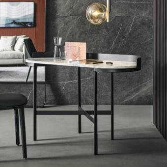 Sophisticated Bonaldo Asia desk with light marble-effect ceramic top and slender black metal frame built in Italy