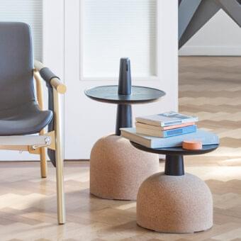 Distinguished Bonaldo Assemblage side table with light cork base and dark composite material top in matte finish