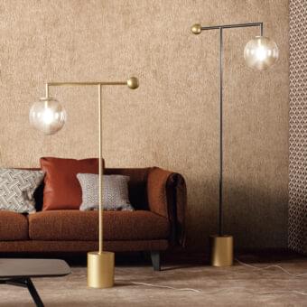Distinguished Bonaldo Bardot floor lamp with a geometric metal structure and transparent glass globe in gold finish