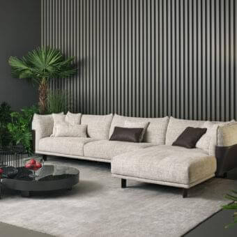 Distinguished Bonaldo Blend sectional exhibits light beige textured fabric upholstery with wood and metal construction and dark brown cushions