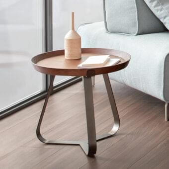 Elegant Bonaldo Frinfri side table with a removable brown wooden tray and matte gray looped metal base