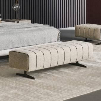 Distinguished Bonaldo Mark bench with light beige textile upholstery and precious leather insert details built with dark metal feet
