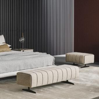 Distinguished Bonaldo Mark bench with light beige textile upholstery and precious dark leather details, finished matte