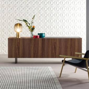 Elegant Bonaldo Outline sideboard with canaletto walnut finish and dark diamond-shaped metal feet built with a contrasting inset top