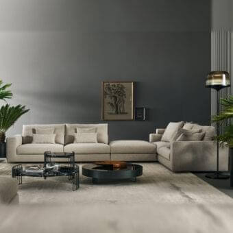 Superior Bonaldo Superhiro sectional with light beige textile upholstery and cylindrical matt black painted metal feet