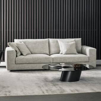 Distinguished Bonaldo Superhiro sofa with light gray textile upholstery and cylindrical metal feet presents a matte finish