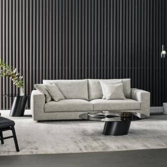 Superior Bonaldo Superhiro sofa with light gray fabric upholstery and matte painted metal cylindrical feet
