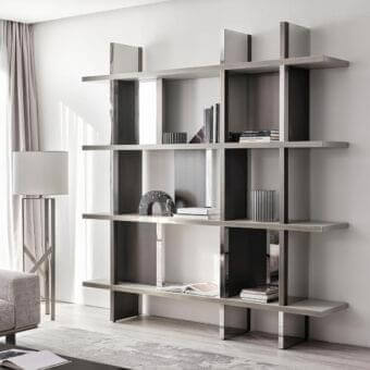 Exceptional Rugiano Asia bookcase with refined gray leathers and bronze-finished metal panels creating a geometric form