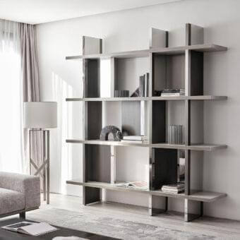 Exclusive Rugiano Asia bookcase with splendid metal structure, light gray leather shelves and darker gray vertical panels in chrome finish
