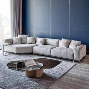 Exceptional Rugiano Boheme sectional with a luxurious metal base and light gray velvet upholstery crafted in Italy