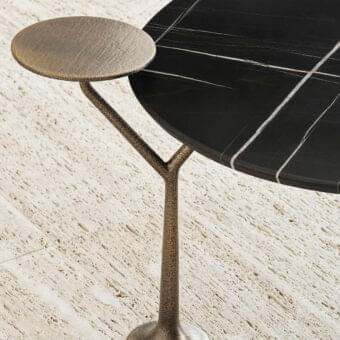 Distinguished Rugiano Bonsai coffee table with differing round surfaces in bronze and black marble-like material with hammered finish