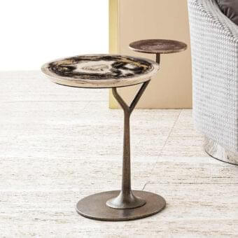 Exceptional Rugiano Bonsai side table with swirling white, gray and gold marble-like top and dark bronze finish crafted in Italy