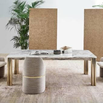 Exclusive Rugiano Forest table with polished marble tabletop and elegantly welded golden metal legs