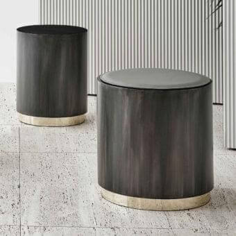 Exclusive Rugiano Genesi side table with dark wood-like finish and glossy gold base, crafted in hide leather and flamed iron