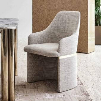 Sophisticated Rugiano Giorgia armchair with integrated backrest and base in textured light gray textile and glossy metal band